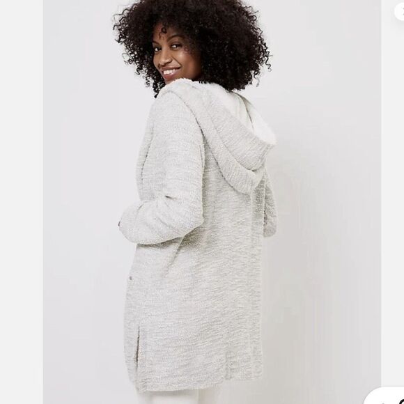LOFT Womens Sherpa Lined Hooded Open Front Cardigan Size M Neutral Color Pockets - Picture 2 of 10